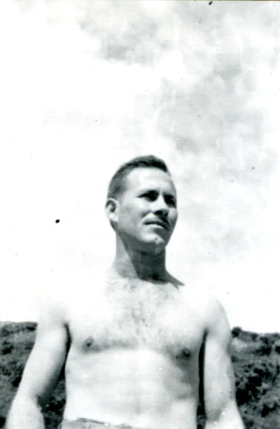 Portrait of a Shirtless Serviceman Outdoors, WWII China-Burma Theater Archive