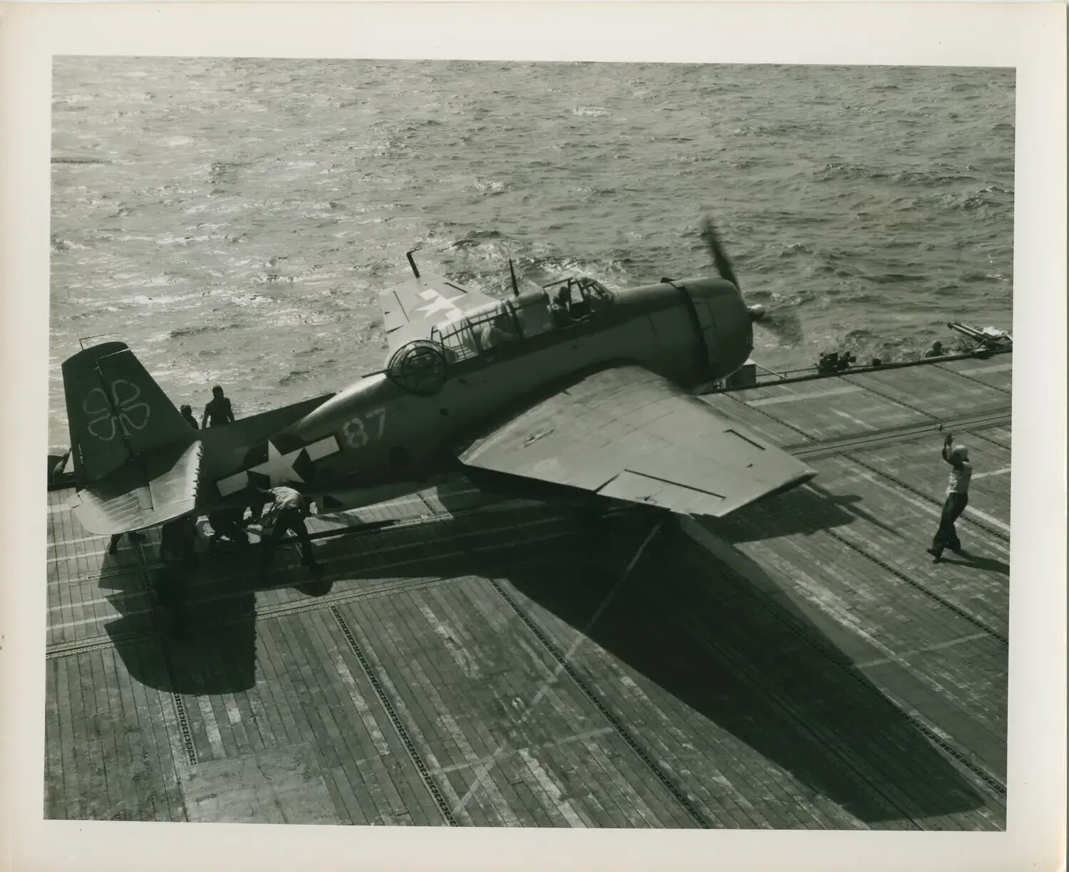 TBM/TBF Avenger 'No. 87' Spotted on Flight Deck, USS Petrof Bay (CVE-80)