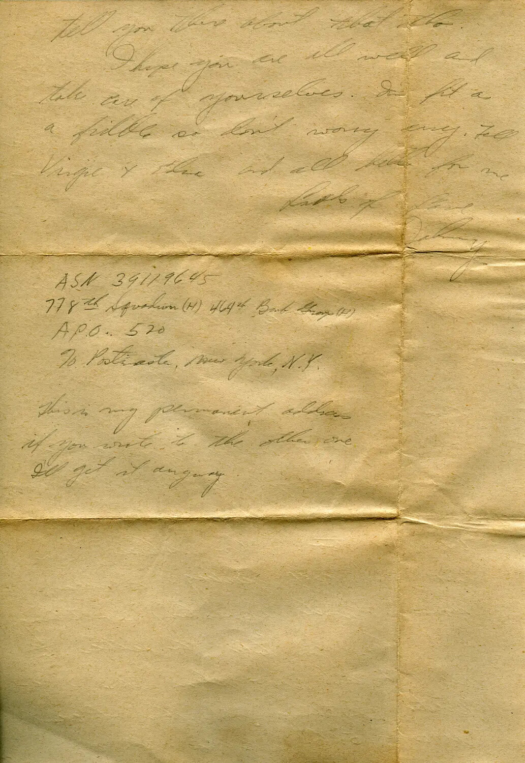 Handwritten Letter Closing with APO Address, ASN 39119645, 778th Bomb Squadron, 464th Bombardment Group (H), 1944