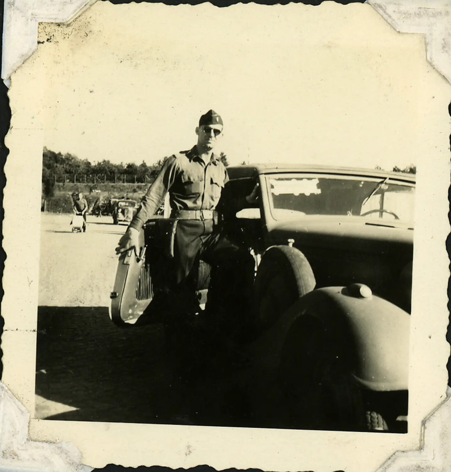 U.S. Army Soldier Posing with European Automobile, WWII Album Snapshot