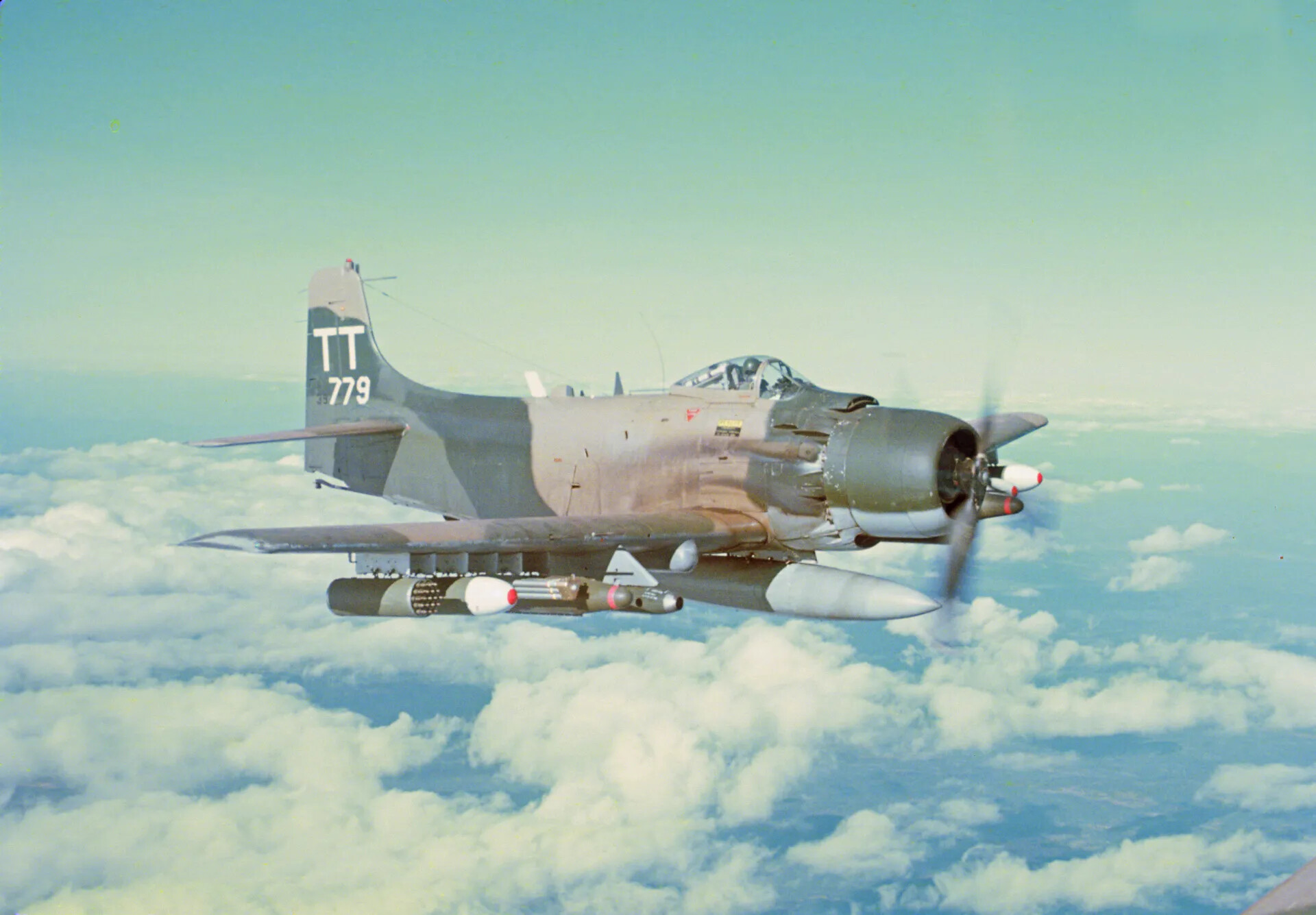 USAF A-1 Skyraider 'TT 779' in Flight with Ordnance, Air-to-Air View