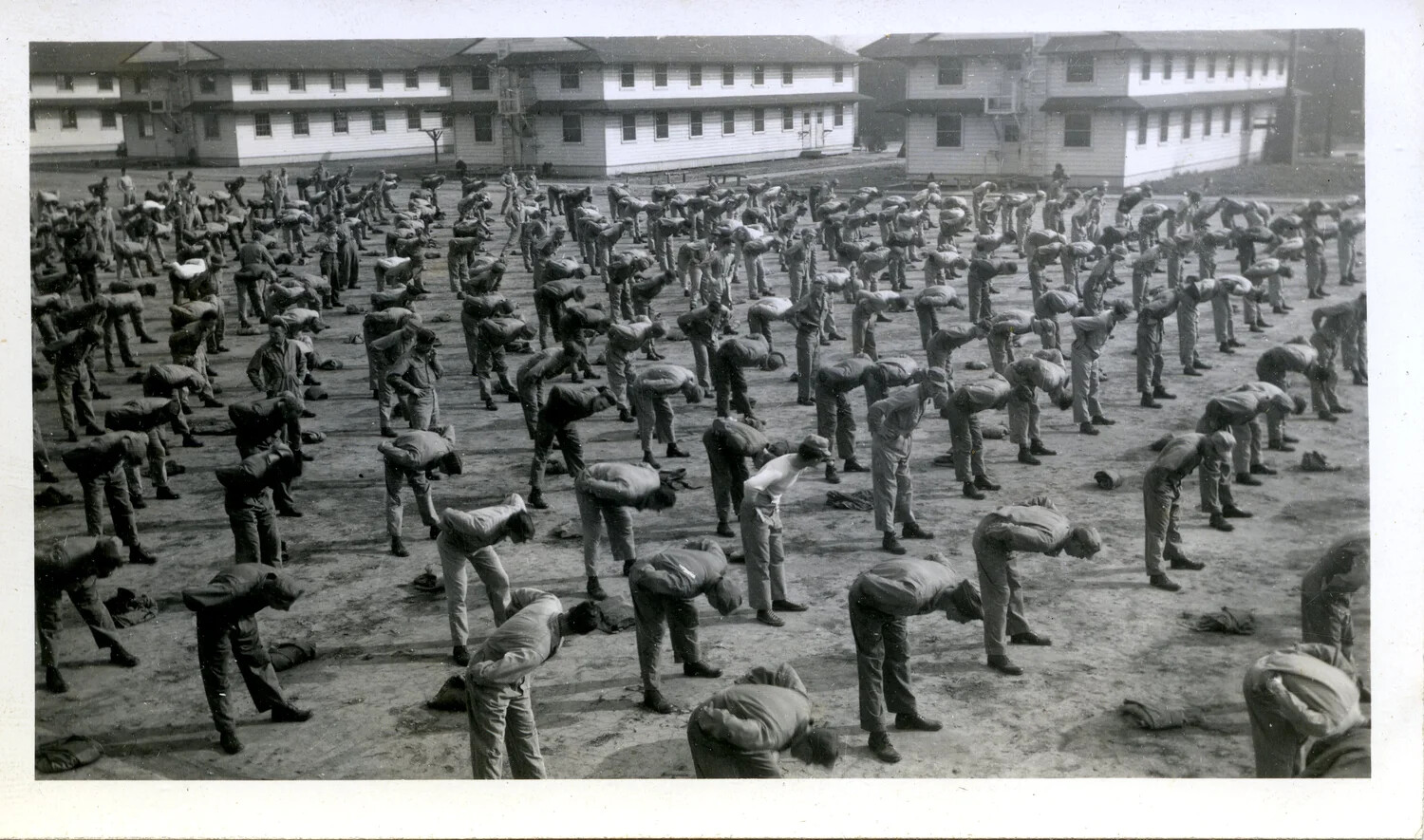 Mass Calisthenics Formation, Bent-Over Toe-Touch Exercise, WWII Stateside Training Base