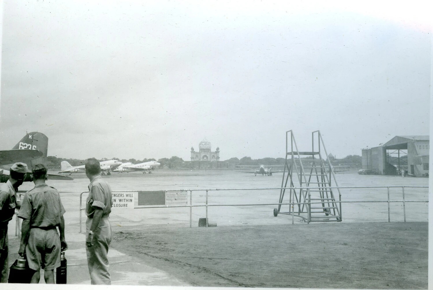 Allied Air Transport Base with C-47 Skytroopers and Distant Domed Mausoleum, CBI Theater, WWII