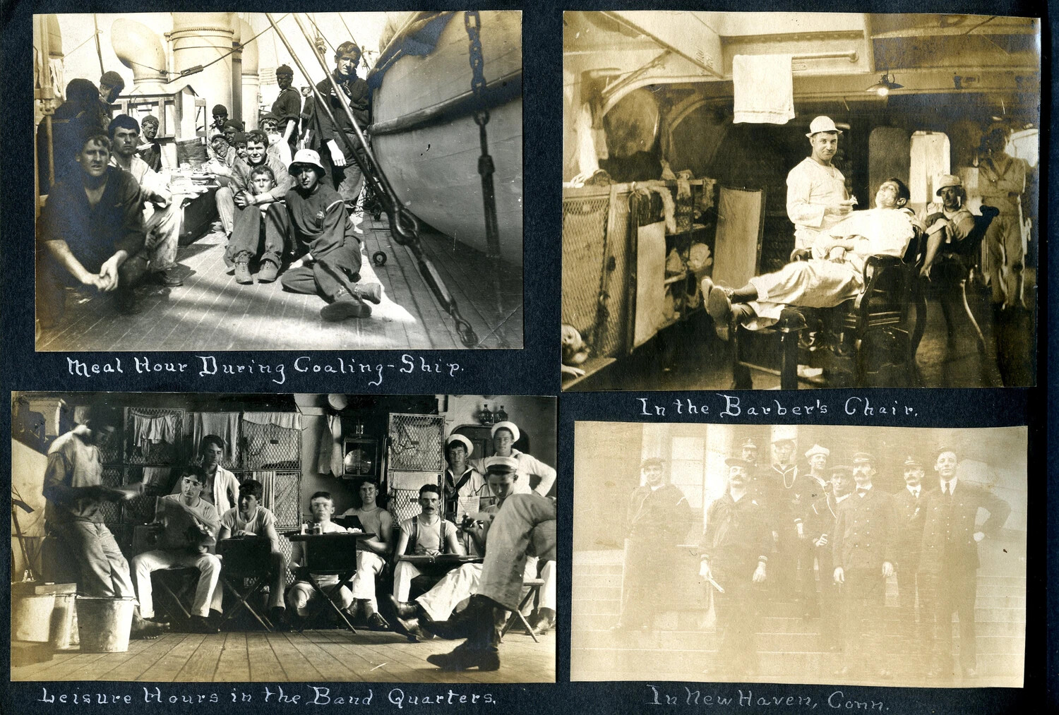 Shipboard Life Album Page: Coaling, Barbering, Band Quarters, and a New Haven Visit -- USS Columbia, c. 1904-1905