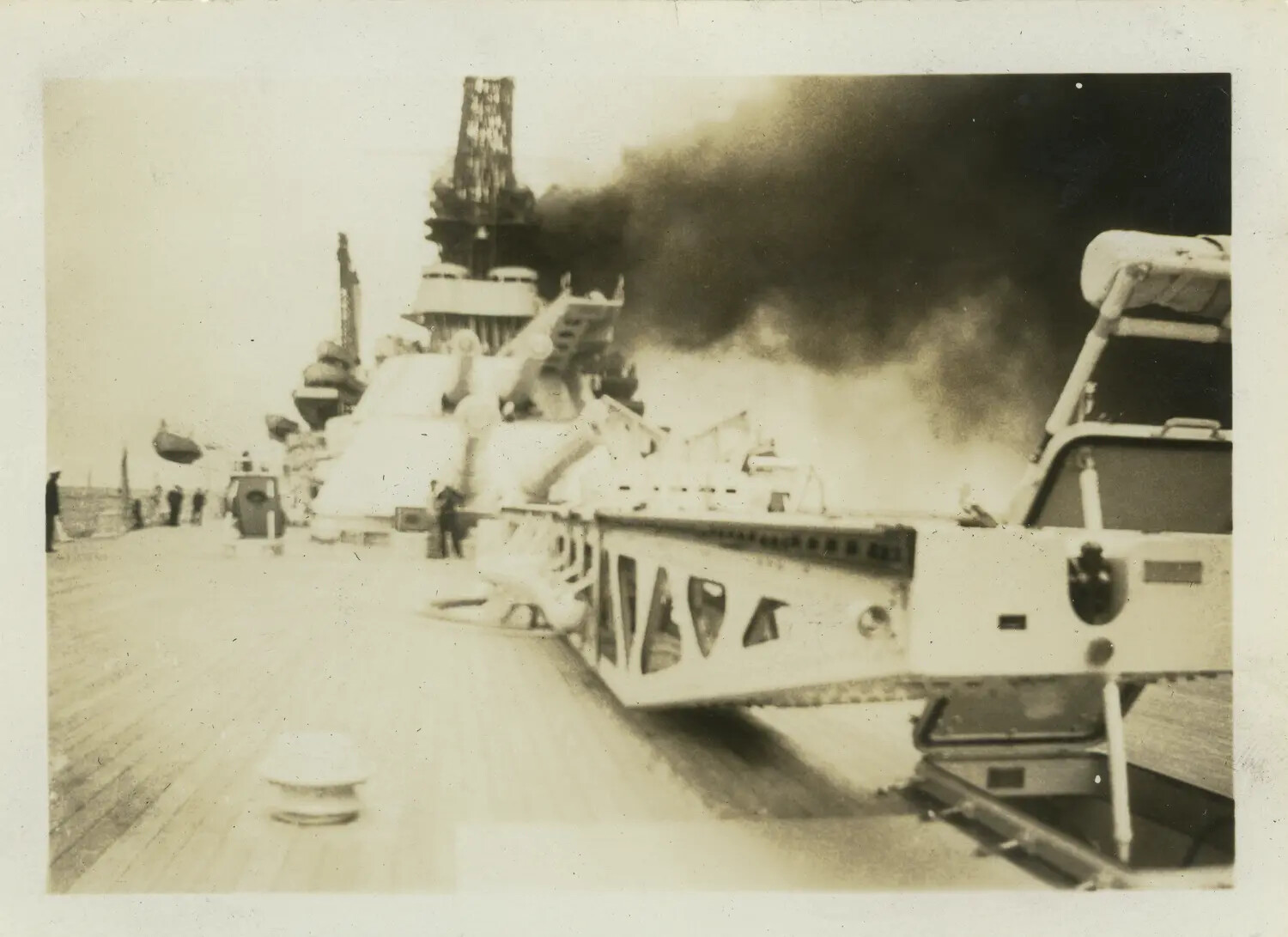 U.S. Navy Battleship Deck View with Heavy Funnel Smoke — 1930s (USS Maryland Album)