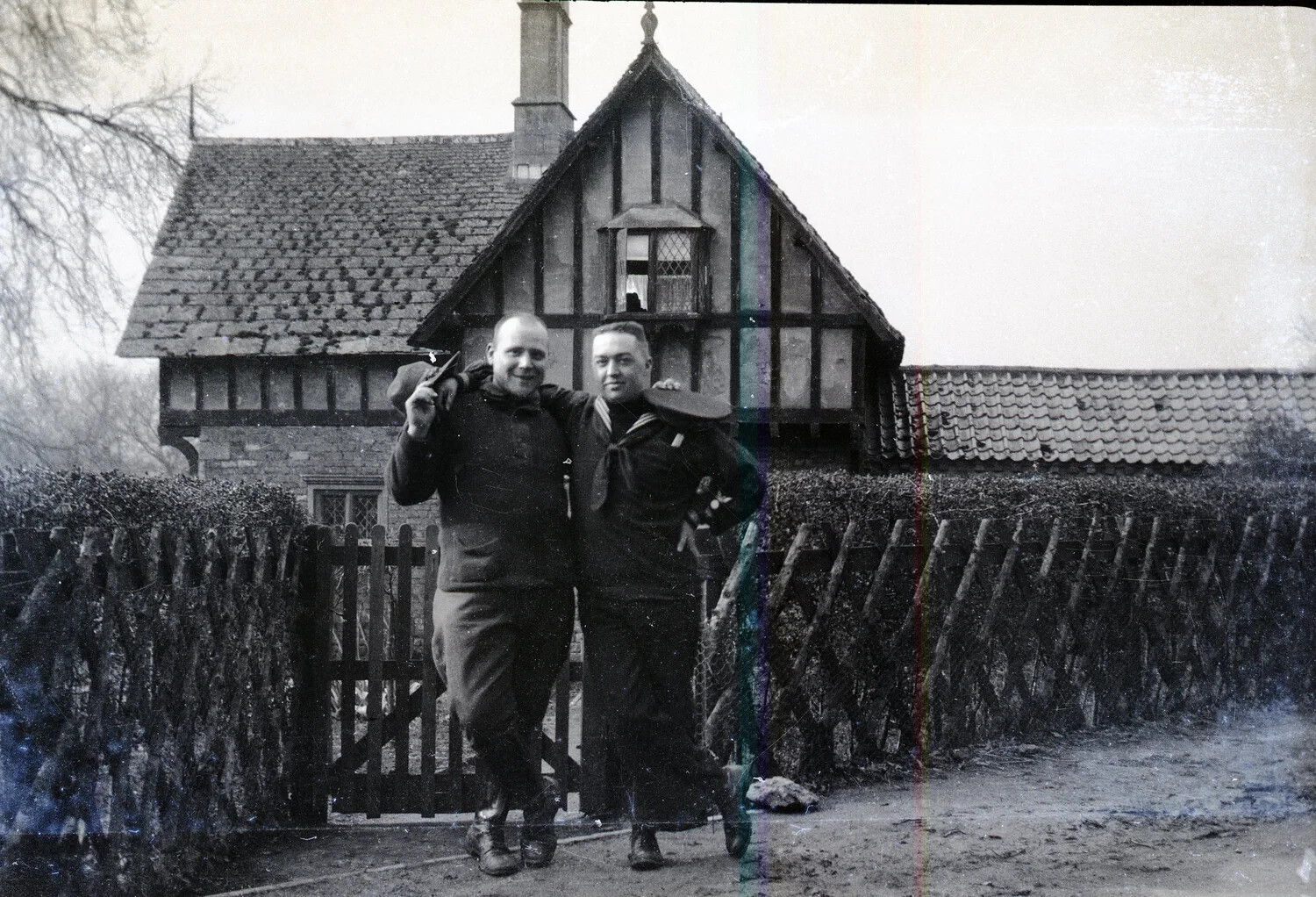 American Soldier and Sailor Posing Outside an English Cottage, World War I Era