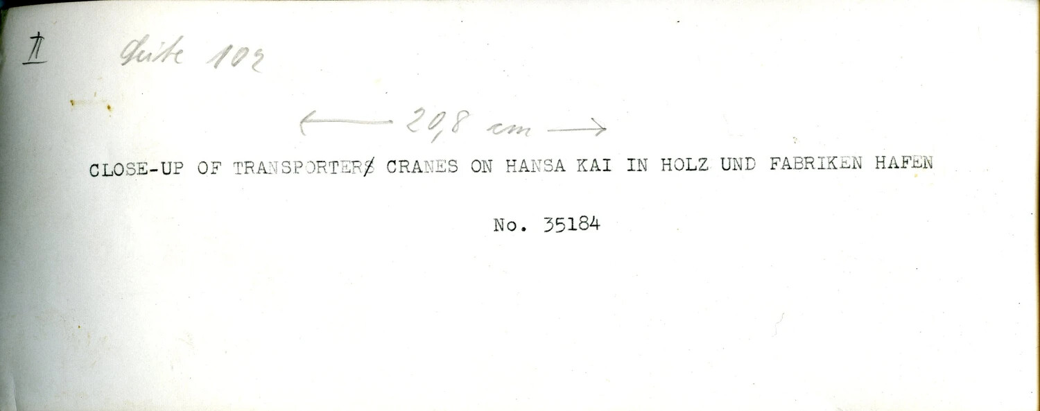Typed Caption Card for Harbor Crane Photograph, Hansa Kai, Germany