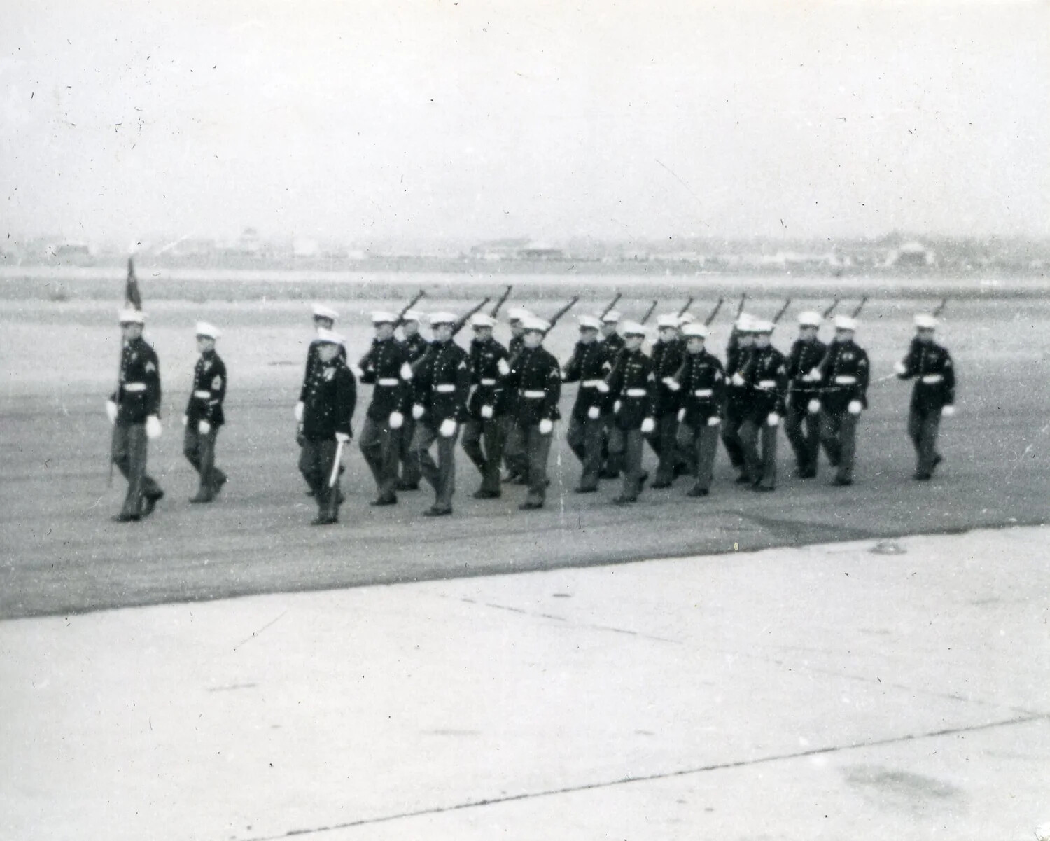 US Marine Corps Honor Guard Formation on Airfield Tarmac, VMF-214 Album, 1945