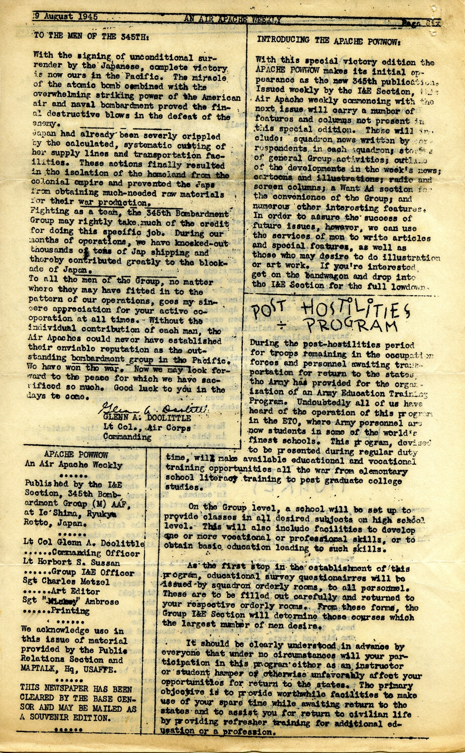 Apache Powwow / Air Apache Weekly Newsletter, Page 6, 345th Bombardment Group, Ie Shima, 9 August 1945