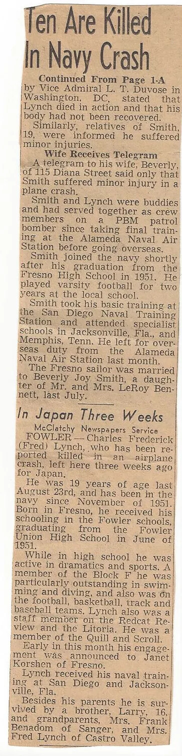 Newspaper Clipping: "Ten Are Killed In Navy Crash" — PBM Patrol Bomber Loss, Korean War Era