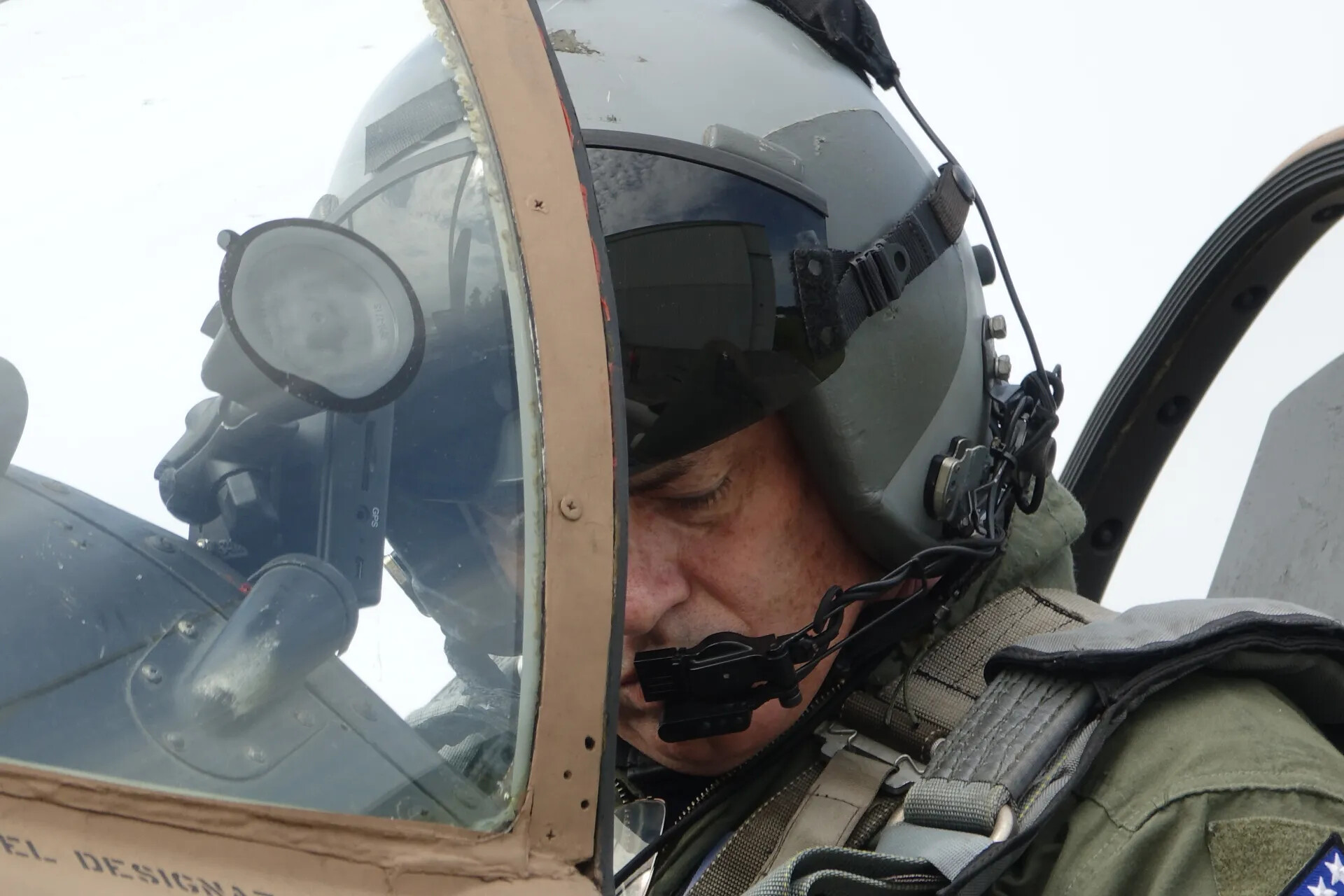 Skyraider Pilot Close-Up in Flight Helmet, Cockpit Detail