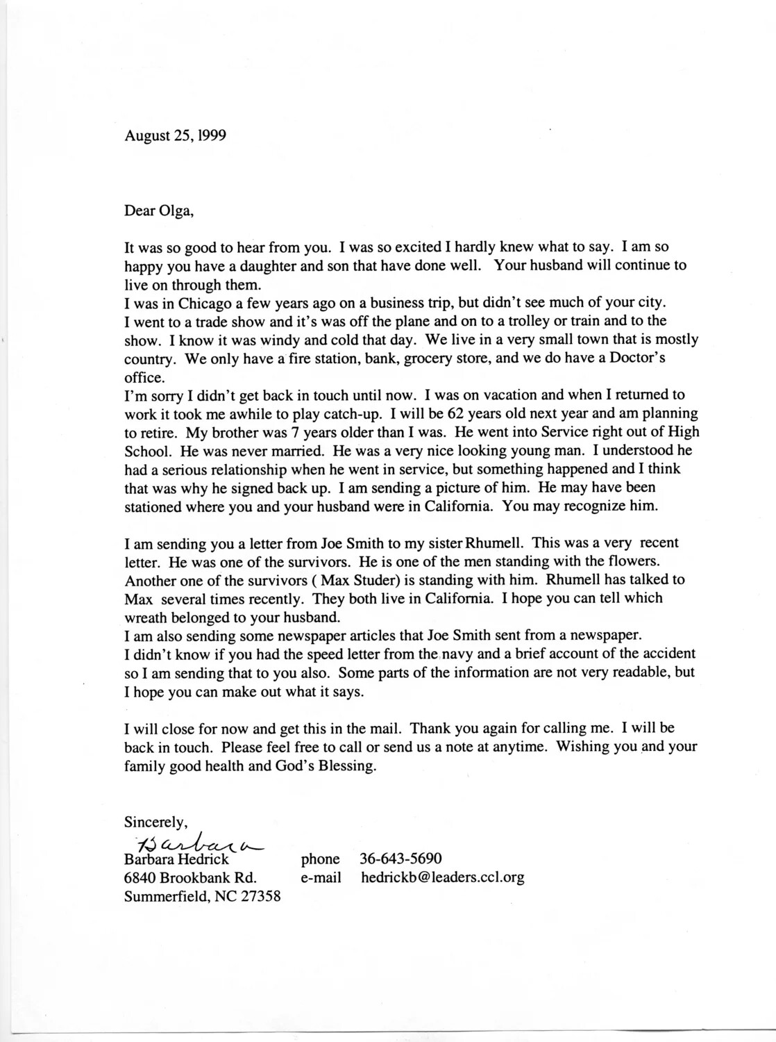 Typed Letter from Barbara Hedrick to Olga, August 25, 1999