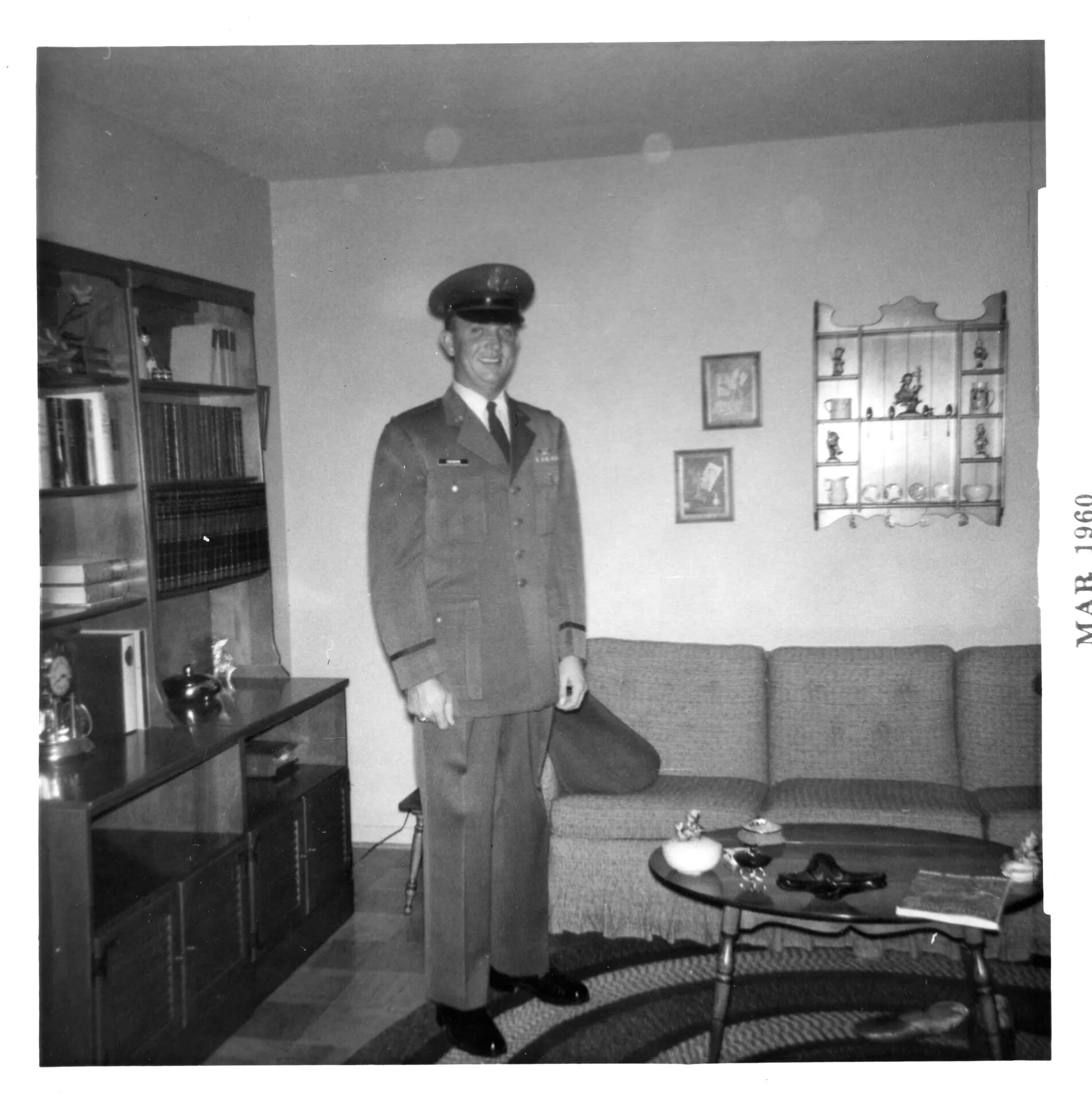 U.S. Air Force Serviceman in Dress Uniform, Home Living Room Portrait, March 1960