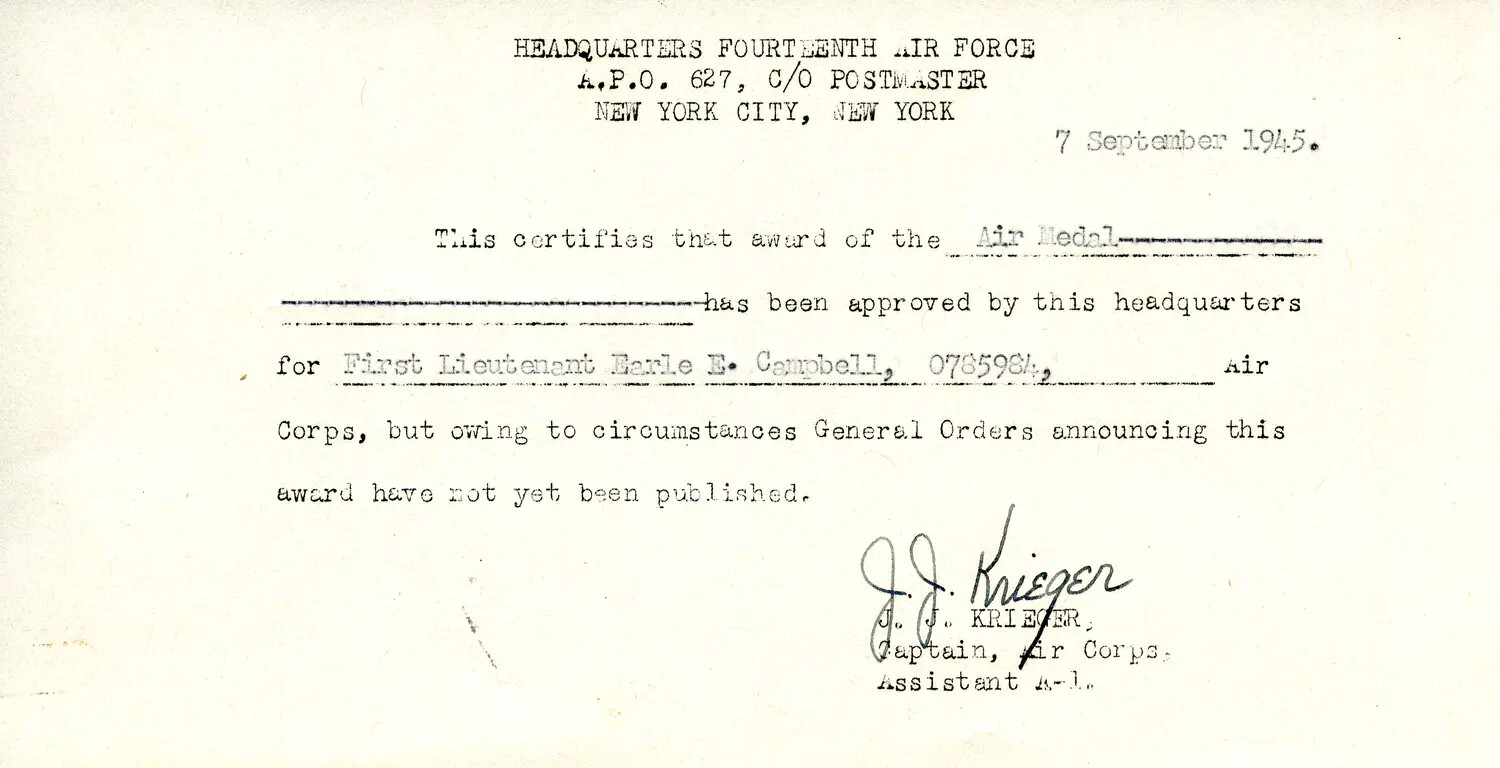 Air Medal Award Certification Letter, Fourteenth Air Force, 7 September 1945