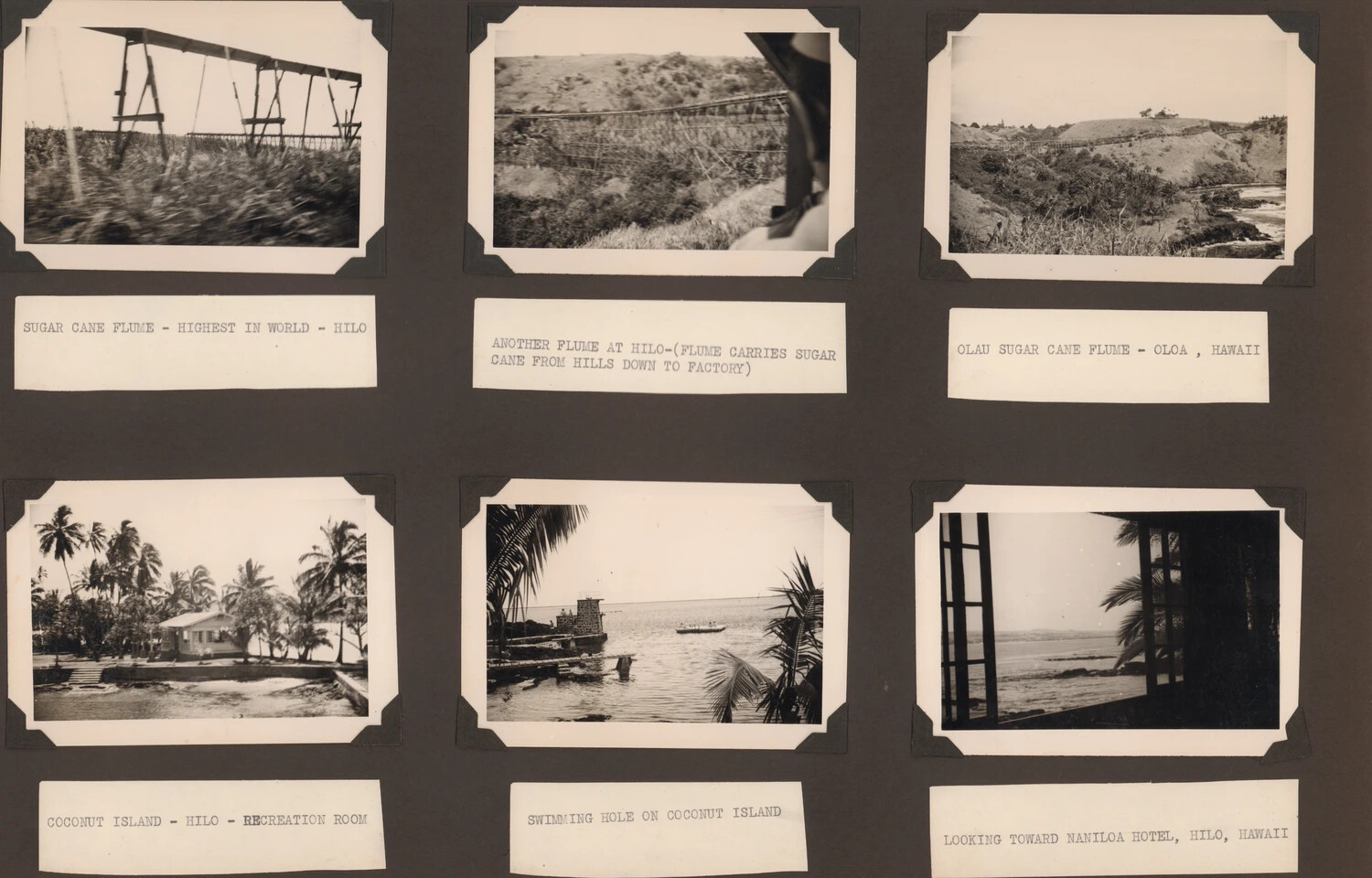 Photo Album Page: Sugar Cane Flumes and Coconut Island Scenes, Hilo, Hawaii