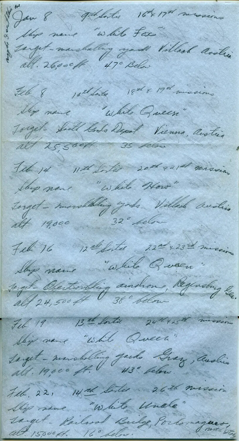 Handwritten Combat Mission Log Page, B-24 Liberator Crewman, January-February 1944