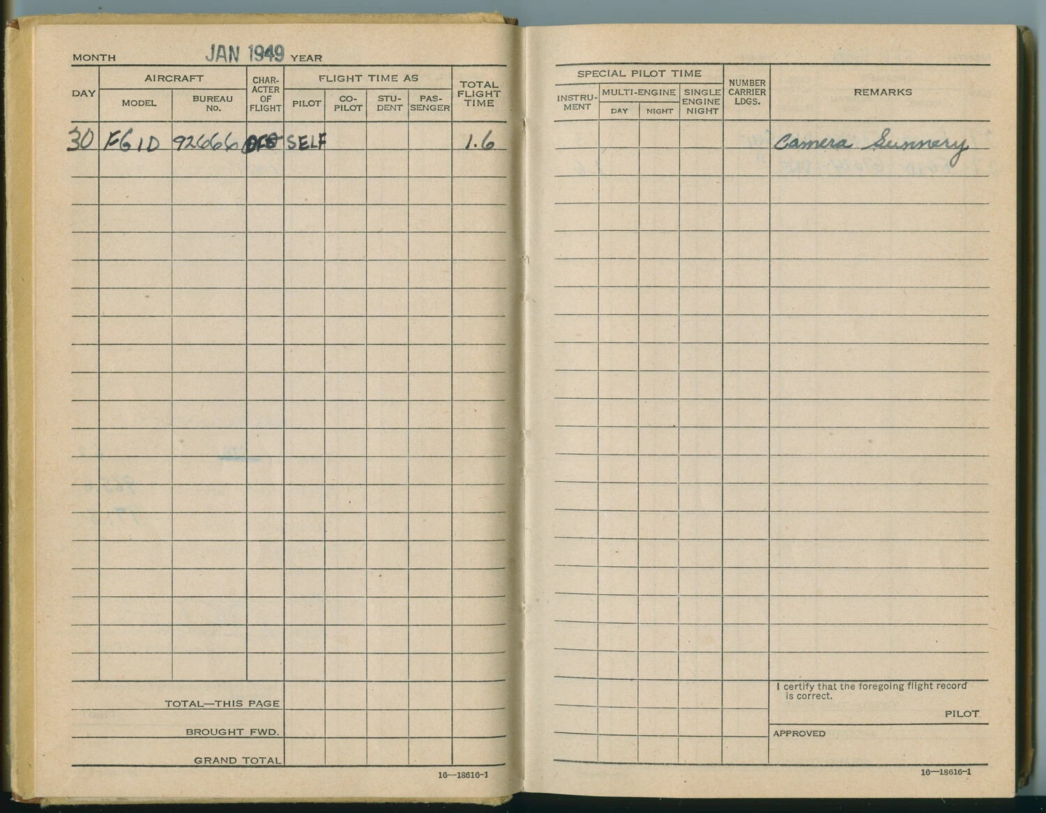 Naval Aviator's Flight Logbook, January 1949 Entry - Camera Gunnery Flight (Pat McAleer Collection)