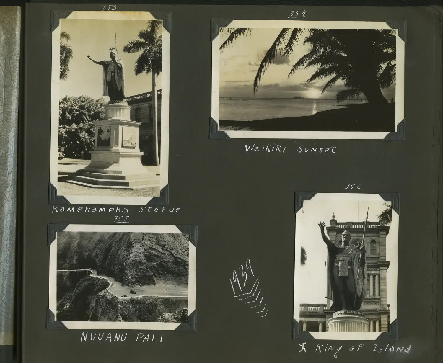 Album Page, Honolulu Sightseeing Photographs: Kamehameha Statue, Waikiki Sunset, and Nuuanu Pali, 1939