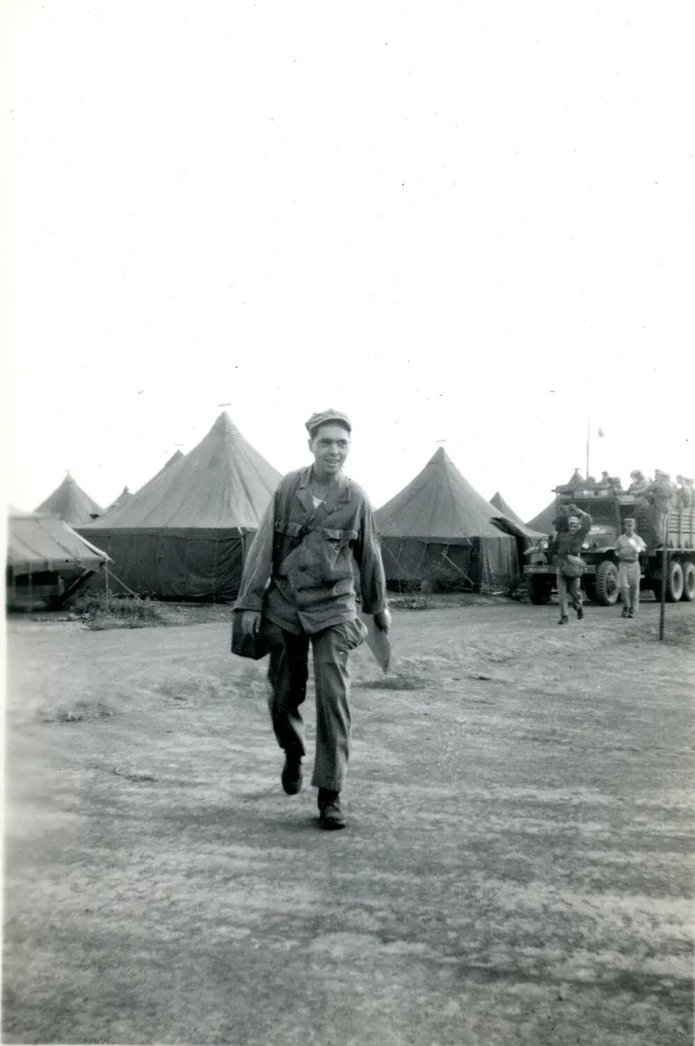 US Marine Walking Through Tent Camp, 5th Marine Division, WWII Pacific Theater