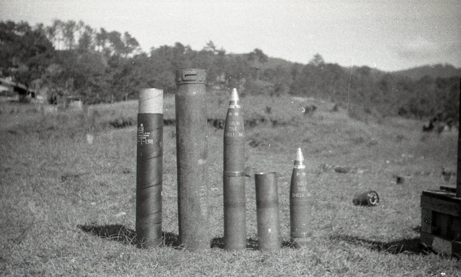 U.S. Artillery Ammunition Display, Including 105mm Howitzer TNT Shells, Luzon, Philippines, World War II