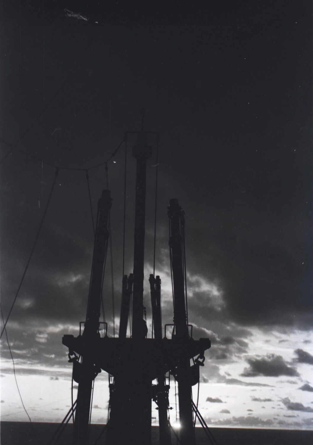 Silhouette of Ship's Mast and Rigging Against Dusk Sky, WWII China-Burma-India Theater