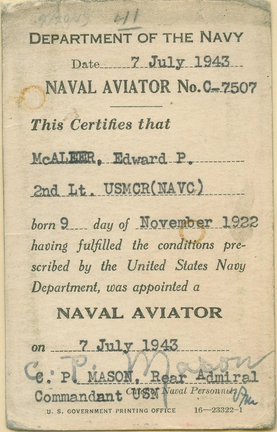 Naval Aviator Certificate Card — 2nd Lt. Edward P. McAleer, USMCR, July 7, 1943