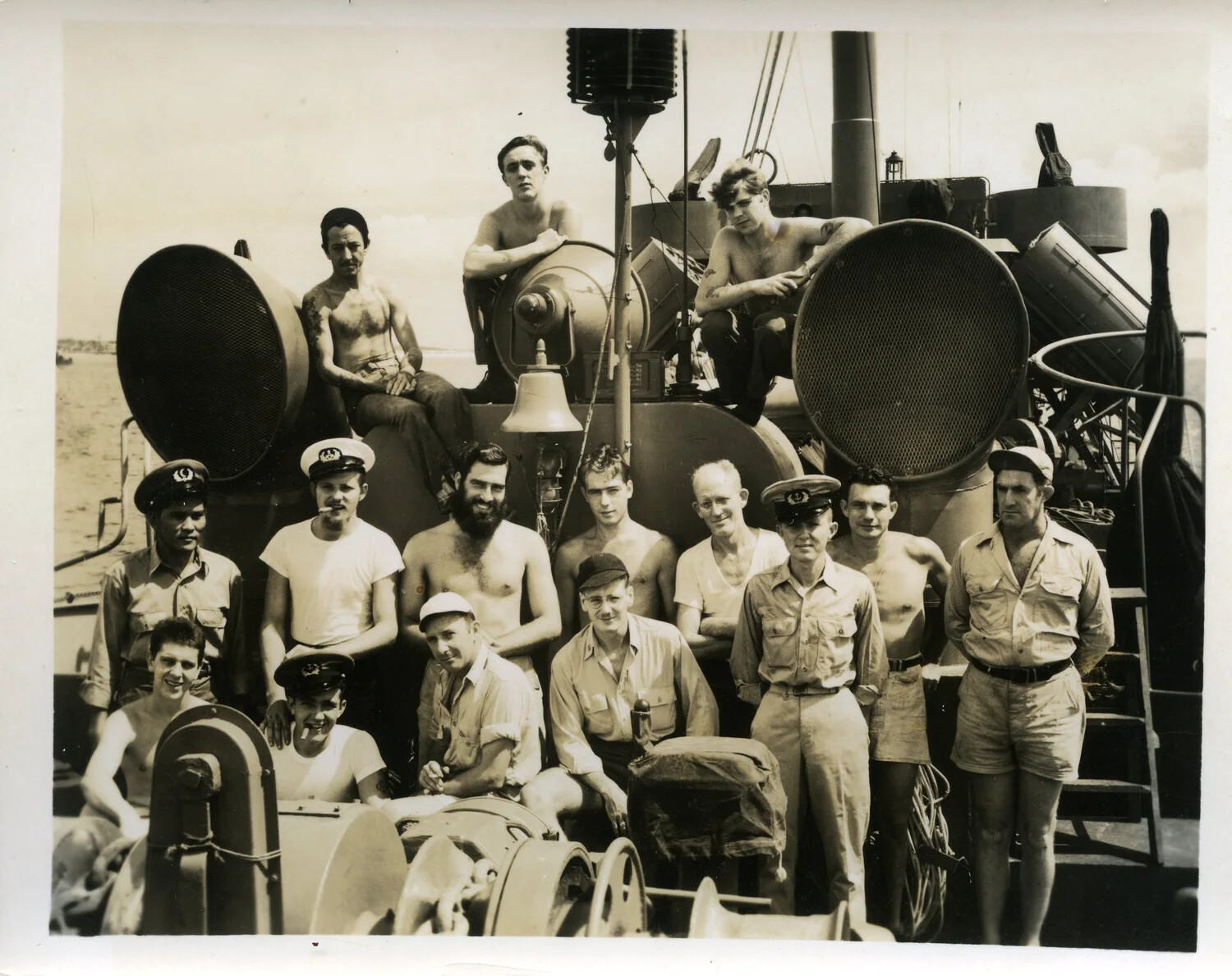 Warship Crew Group Portrait Near Ship's Bell and Loudhailers, Okinawa Campaign, WWII
