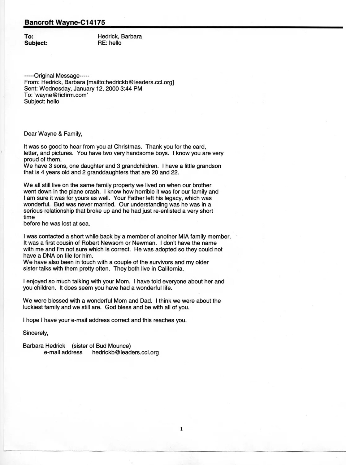 Printed Email Correspondence: Barbara Hedrick to Wayne Bancroft Regarding MIA Family History, Korean War Collection