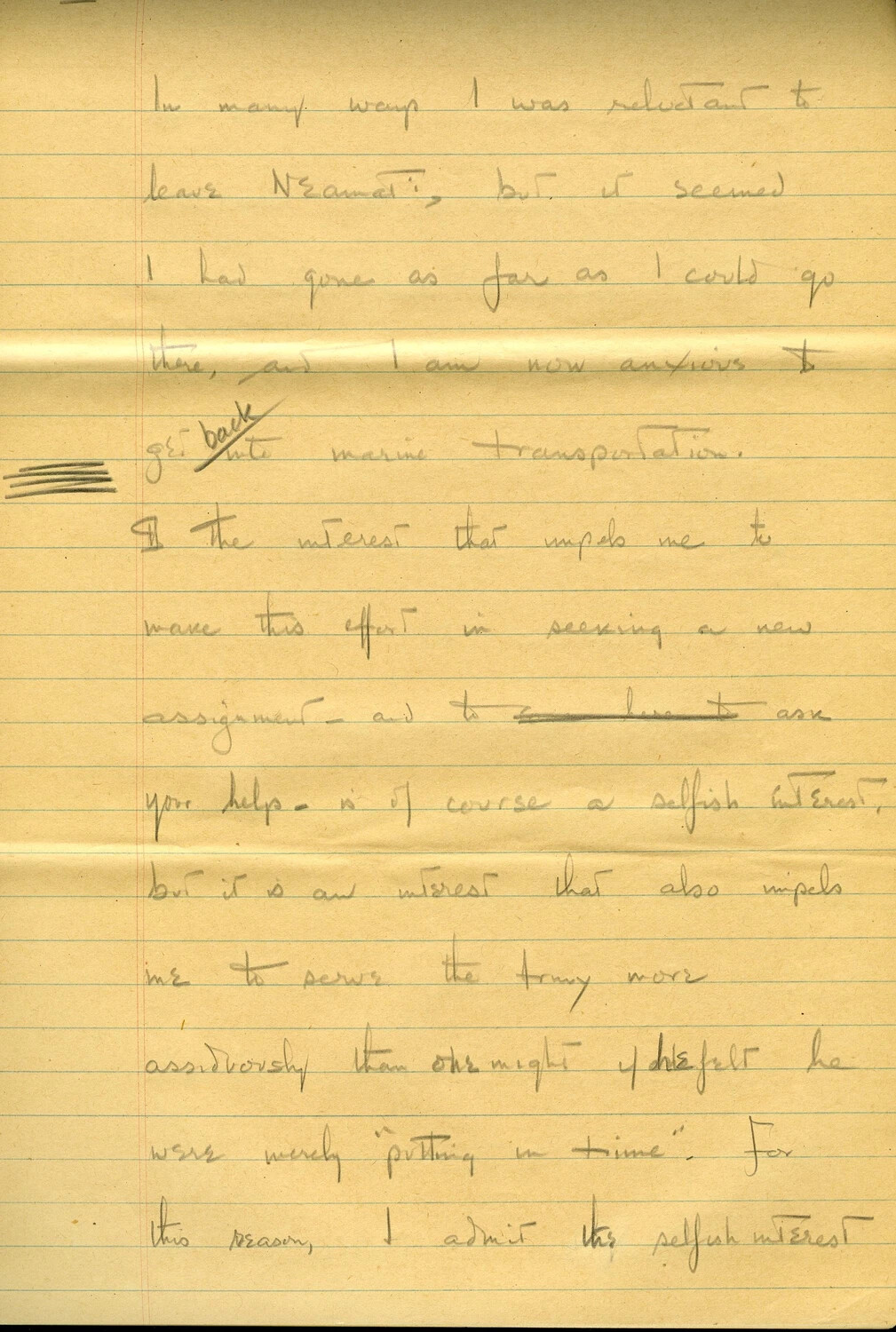 Handwritten Draft Memoir/Request Letter Page, U.S. Army Transportation Officer, CBI Theater, WWII (Page 048) - Request for Reassignment to Marine Transportation
