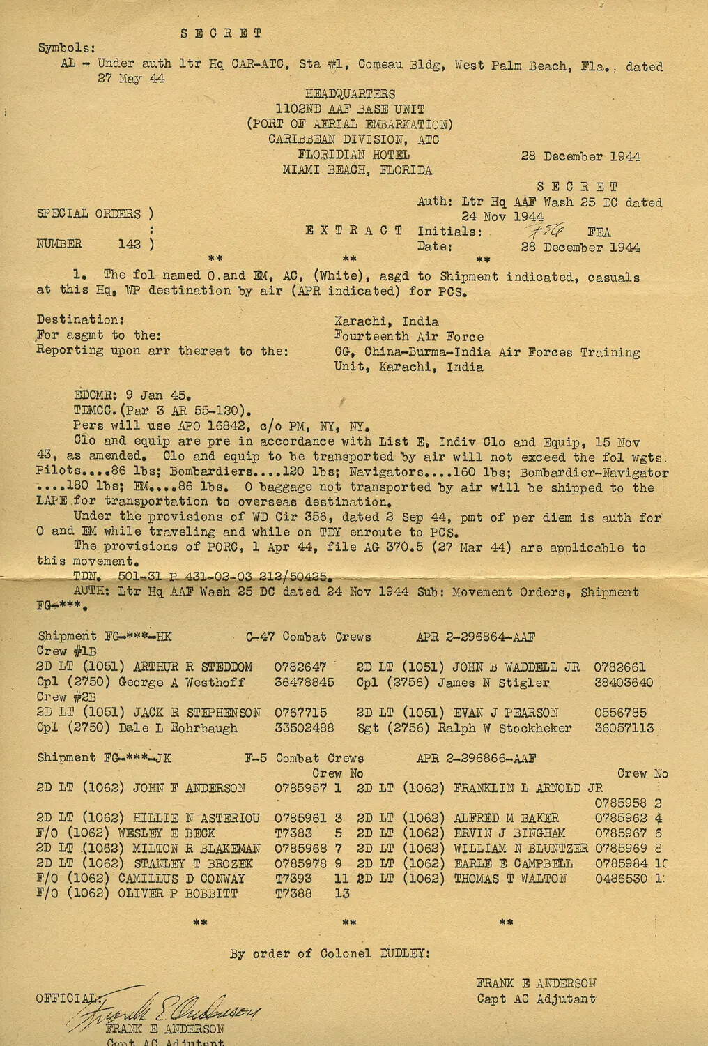 WWII U.S. Army Air Forces Special Orders No. 142 — Personnel Movement to Karachi, India, 1102nd AAF Base Unit, 28 December 1944