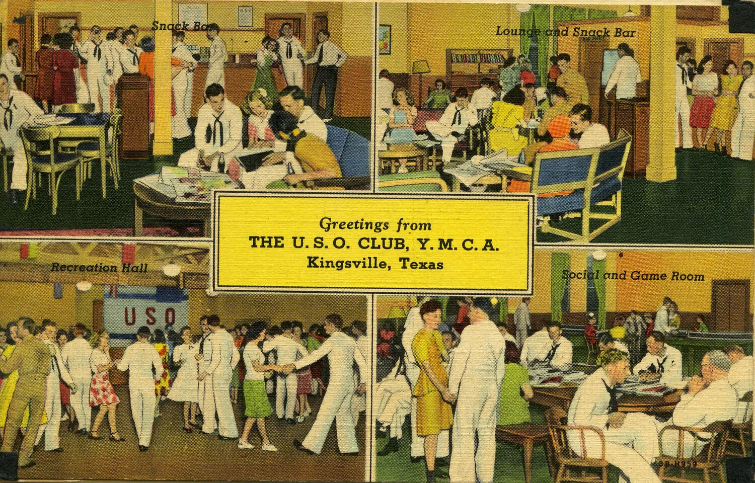 Linen Postcard: 'Greetings from The U.S.O. Club, Y.M.C.A., Kingsville, Texas' — Four-View Composite