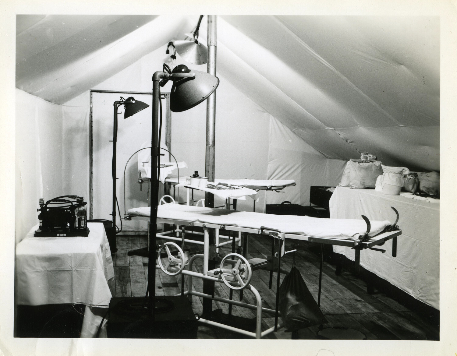 Interior View of Field Hospital Operating Tent with Surgical Table and Equipment