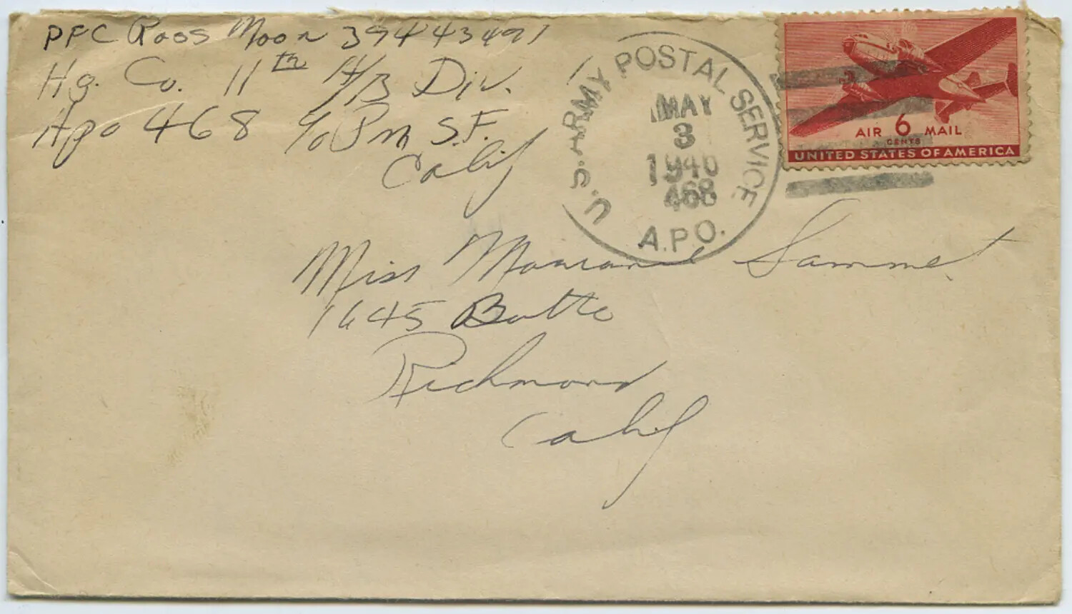 WWII Military Air Mail Envelope — PFC Roos Moon, 11th Airborne Division, to Richmond, California