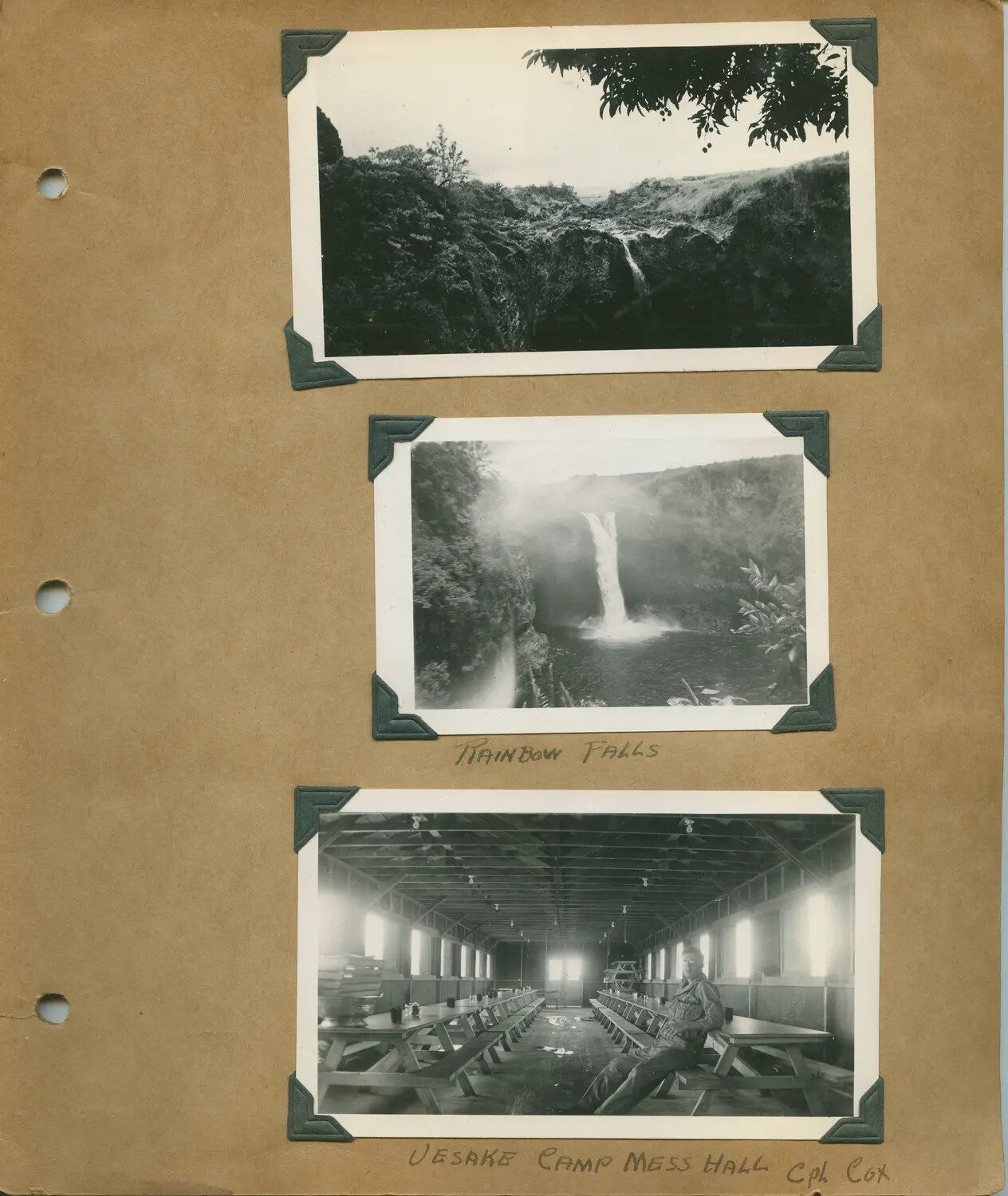 Album Page: Waterfall Views and Military Mess Hall, Big Island of Hawaii, WWII Era