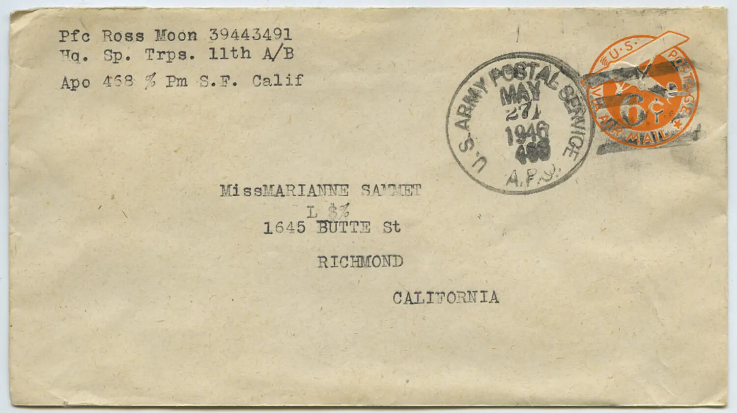 Airmail Envelope from Pfc. Ross Moon, 11th Airborne Division, 1946