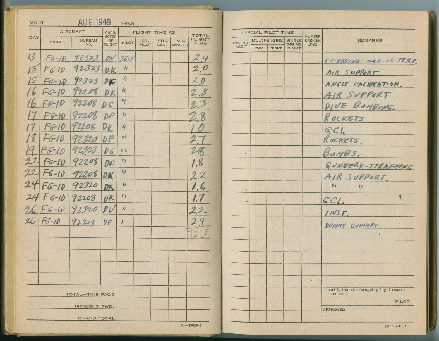 Naval Aviator Flight Log Book Page, FG-1D Corsair Training Flights, August 1949 (Pat McAleer)