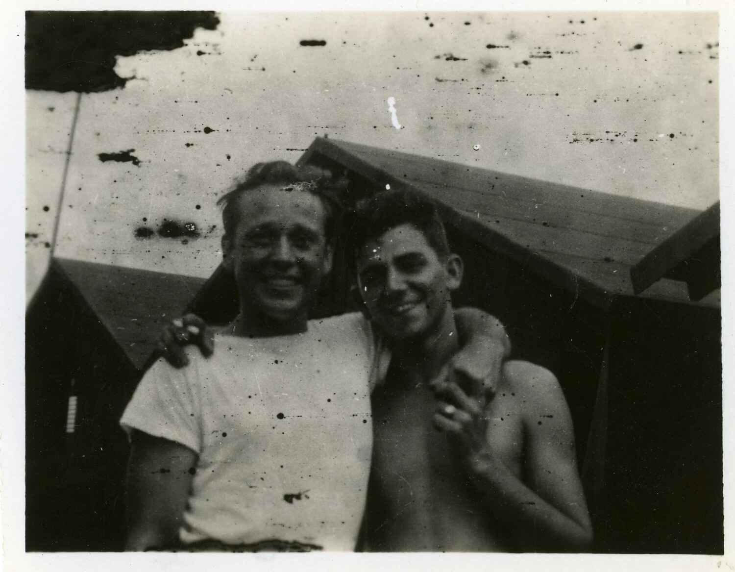 Two Servicemen Posing Together at Encampment, World War II Era