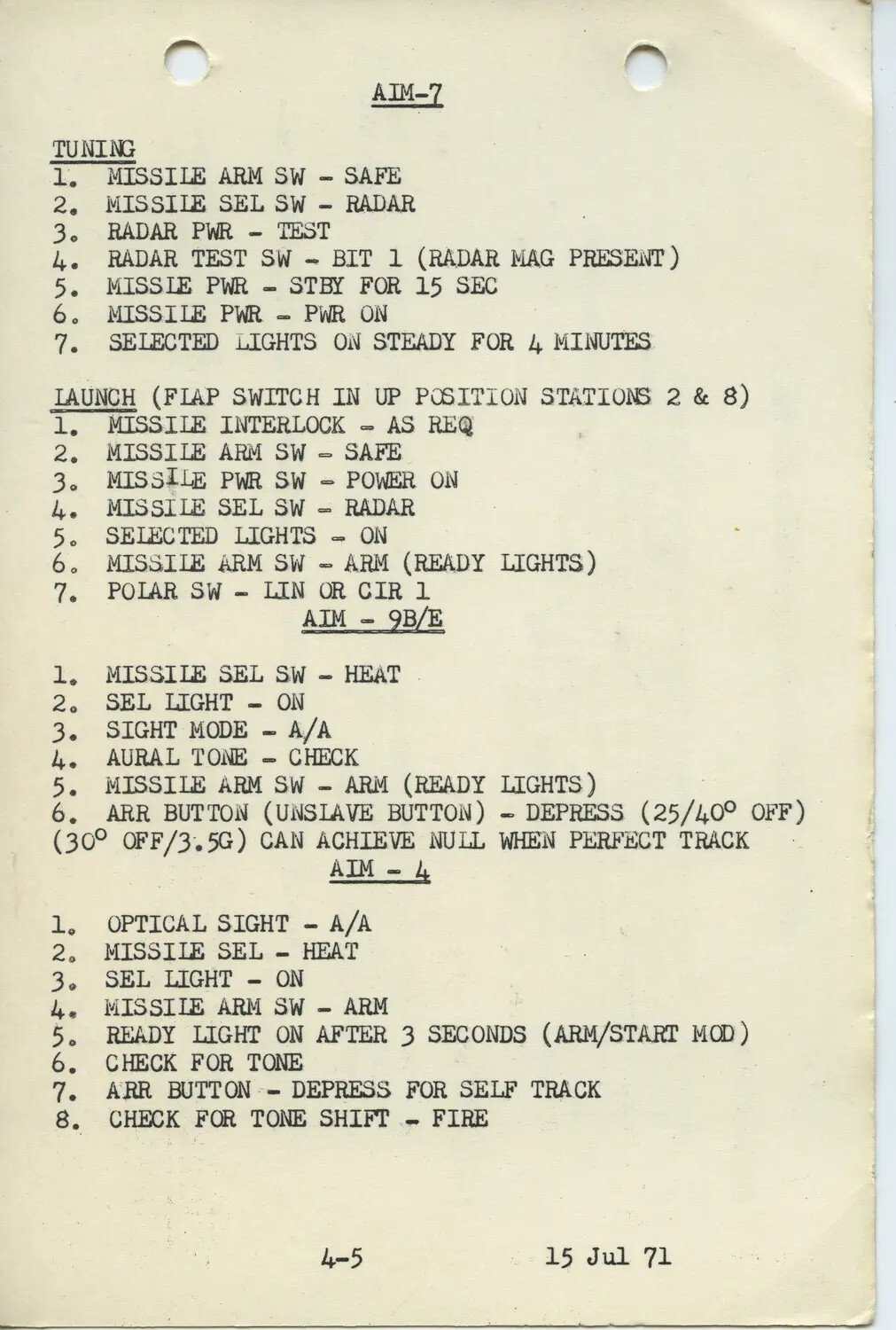 AIM-7, AIM-9B/E, and AIM-4 Air-to-Air Missile Checklists, USAF F-4 Phantom Manual (15 Jul 71)