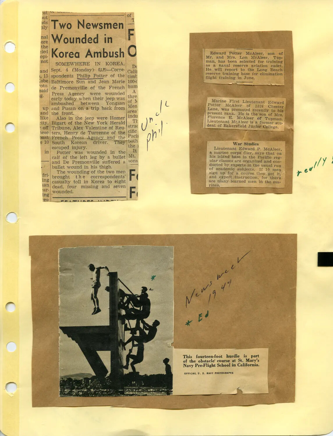 Scrapbook Page: McAleer Family Newspaper Clippings on Naval Aviation Training, Marine Corps Service, and Korean War Correspondent Philip Potter