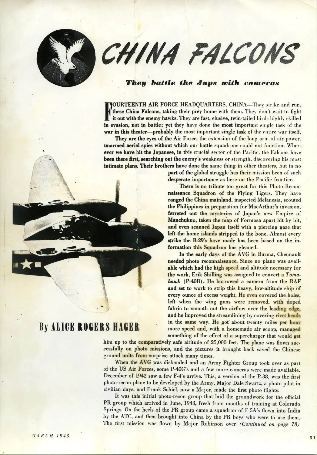 Magazine Article: 'China Falcons' — Fourteenth Air Force Photo Reconnaissance Squadron, March 1945