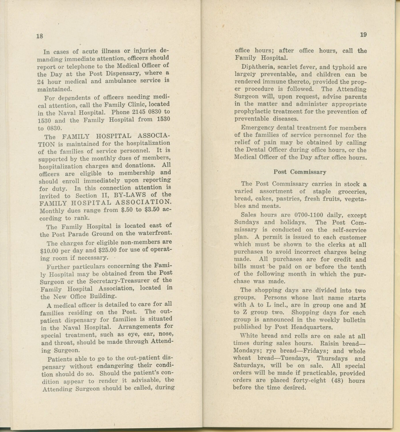 Post Handbook Pages 18-19: Medical Services and Post Commissary Regulations (McAleer Collection)