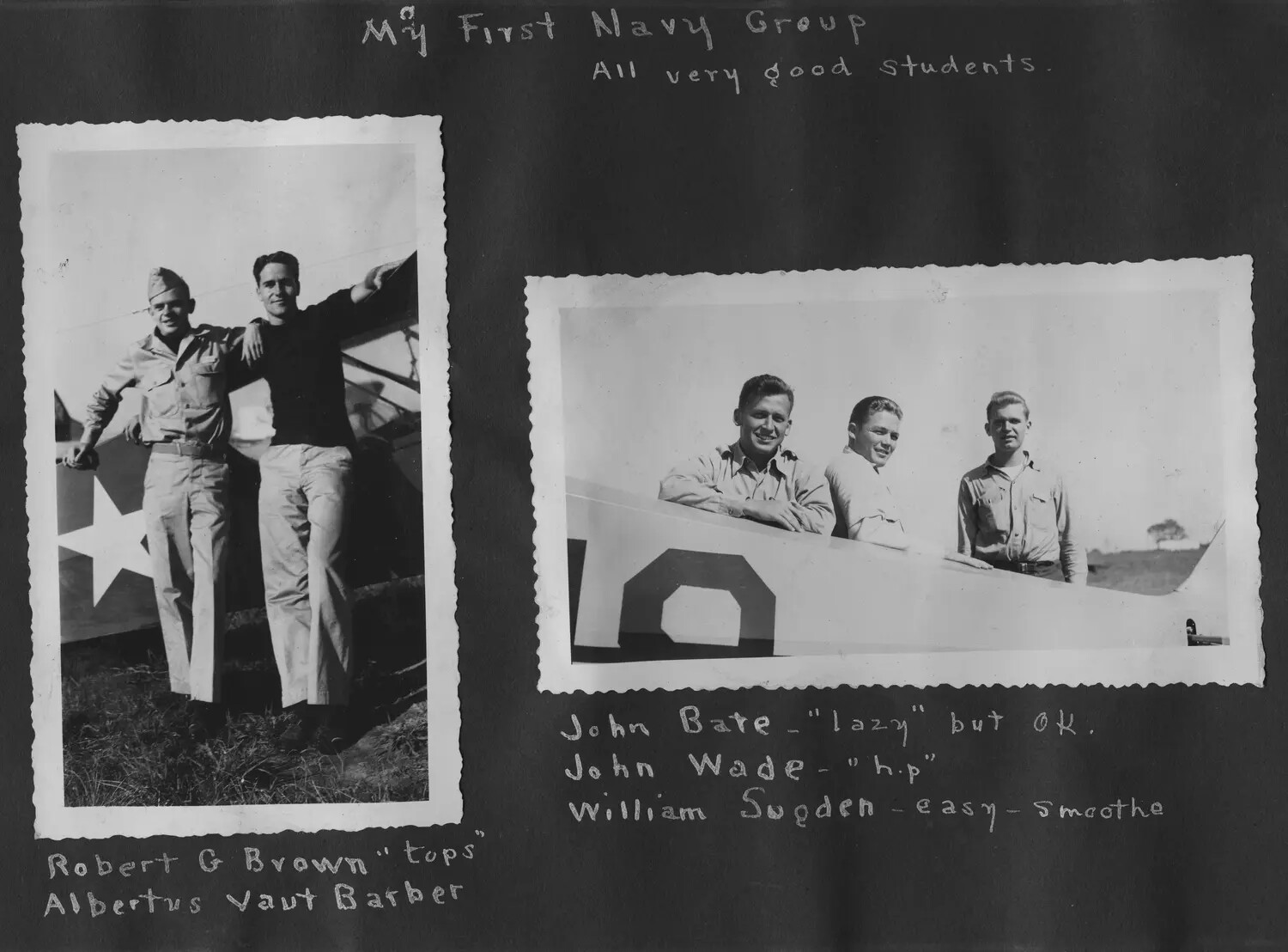 Scrapbook Page: 'My First Navy Group' - V-5 Elimination Training Students with Light Trainer Aircraft, c. 1941-1943