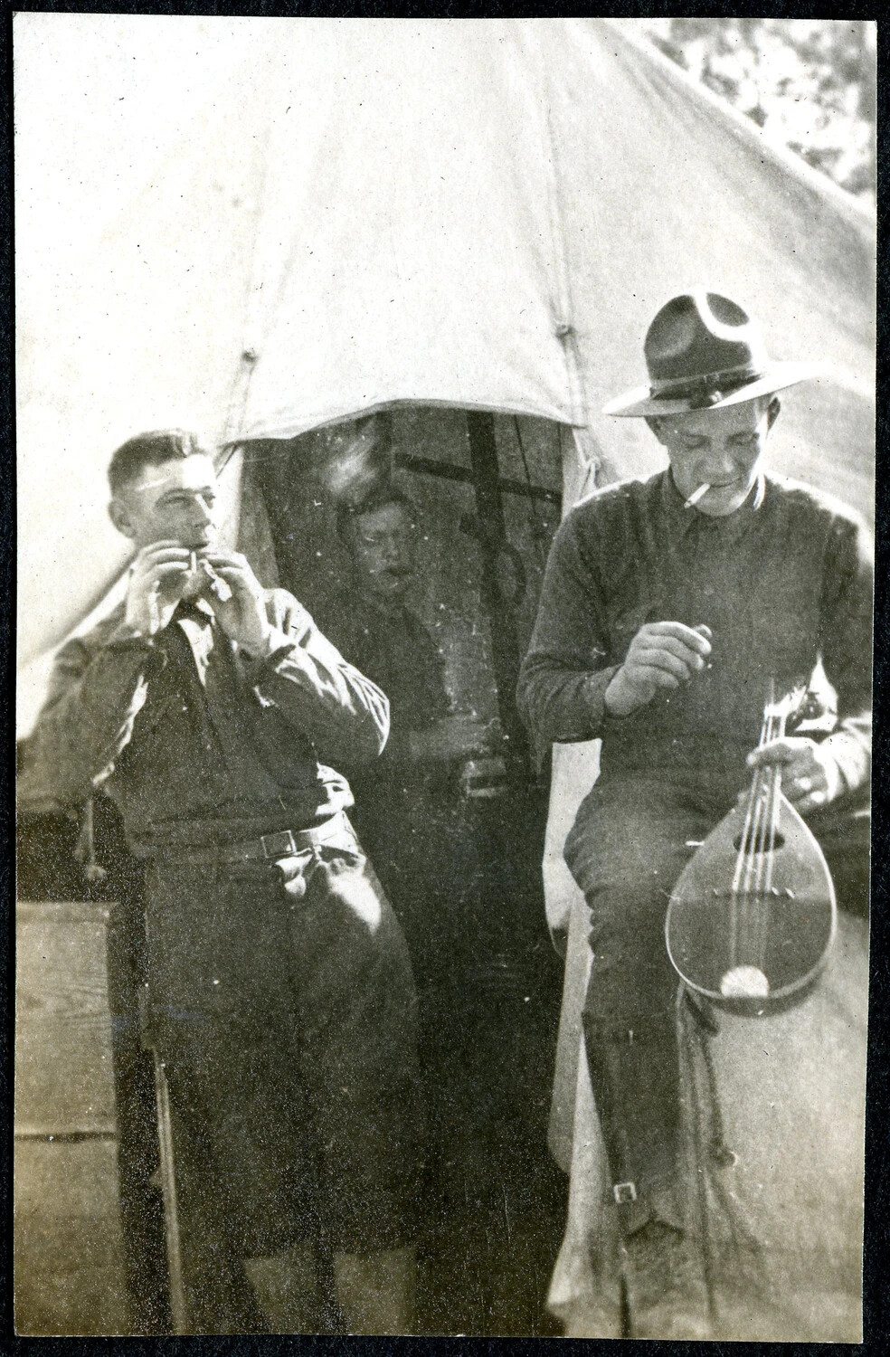 Soldiers Playing Harmonica and Mandolin at Camp, WWI Era