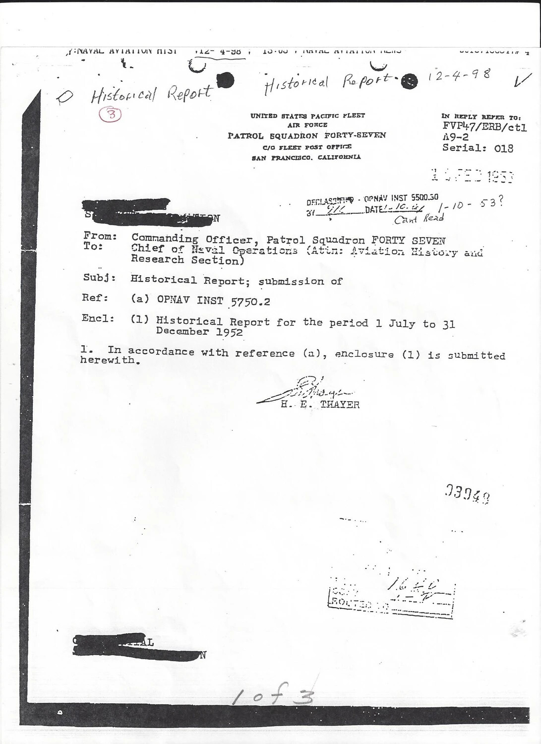 Declassified Cover Letter, Historical Report of Patrol Squadron Forty-Seven (VP-47), 1 July–31 December 1952