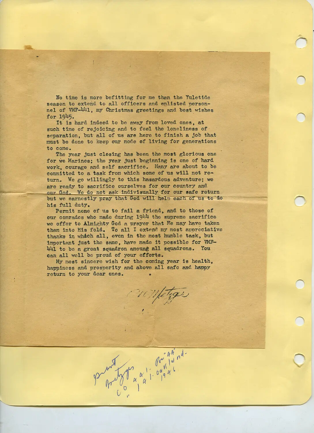 Commanding Officer's New Year Message to VMF-441 Personnel, 1944-1945 (McAleer Album)