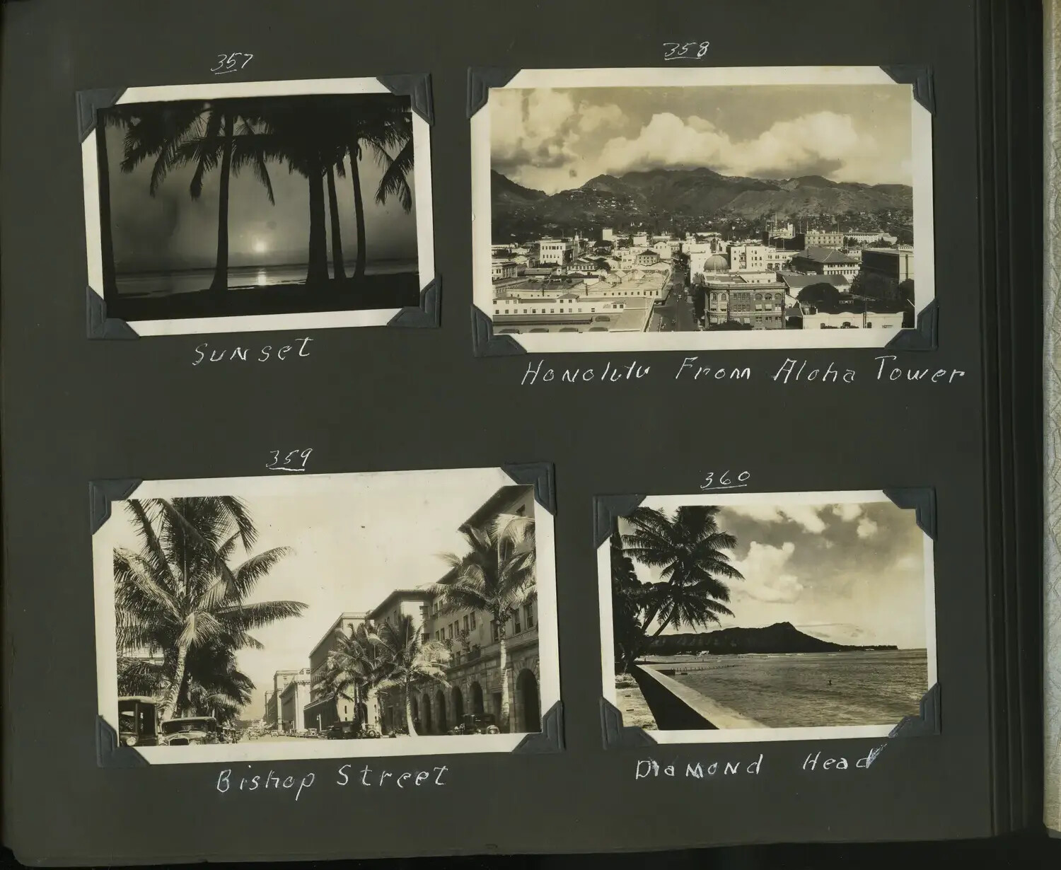 Album Page, Honolulu City and Coastal Views: Sunset, Aloha Tower Panorama, Bishop Street, and Diamond Head, 1939
