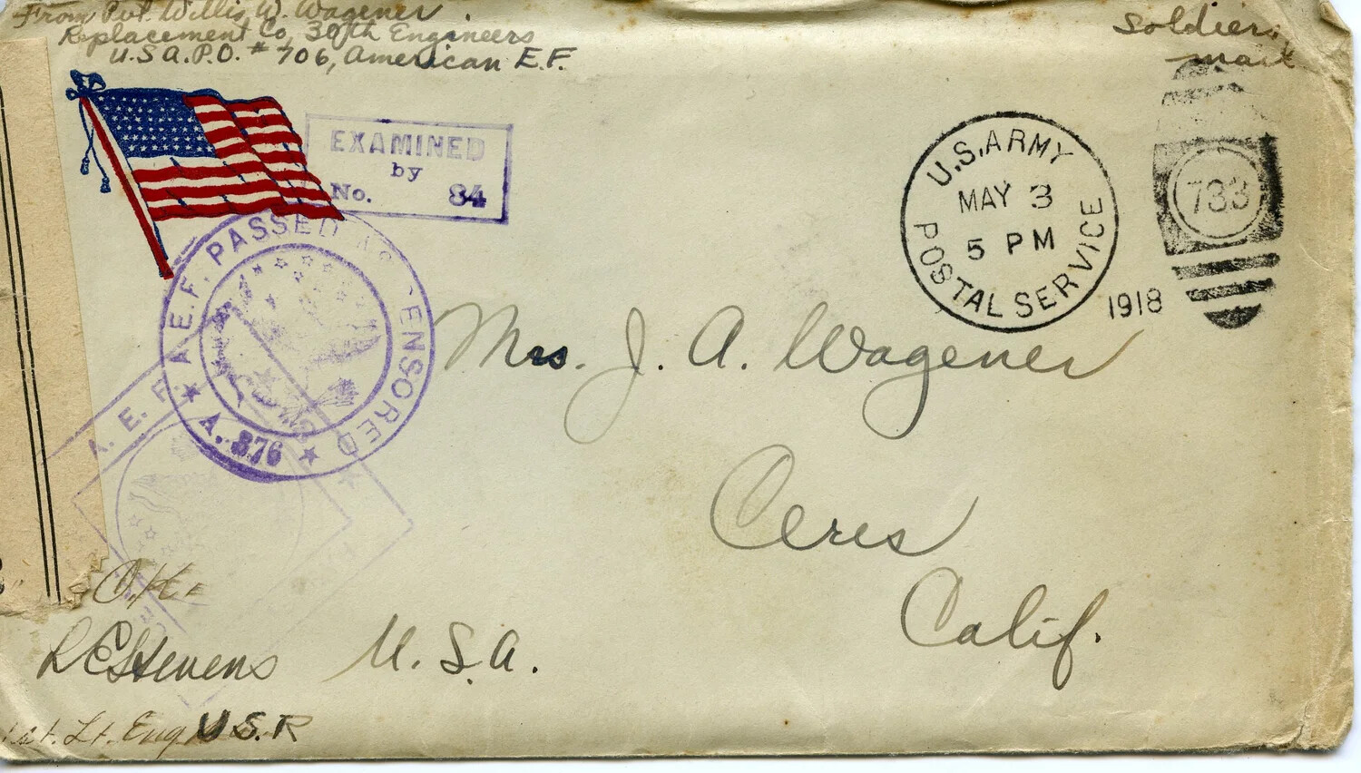 WWI A.E.F. Censored Mail Envelope from Pvt. Willis W. Wagener, 30th Engineers, May 1918