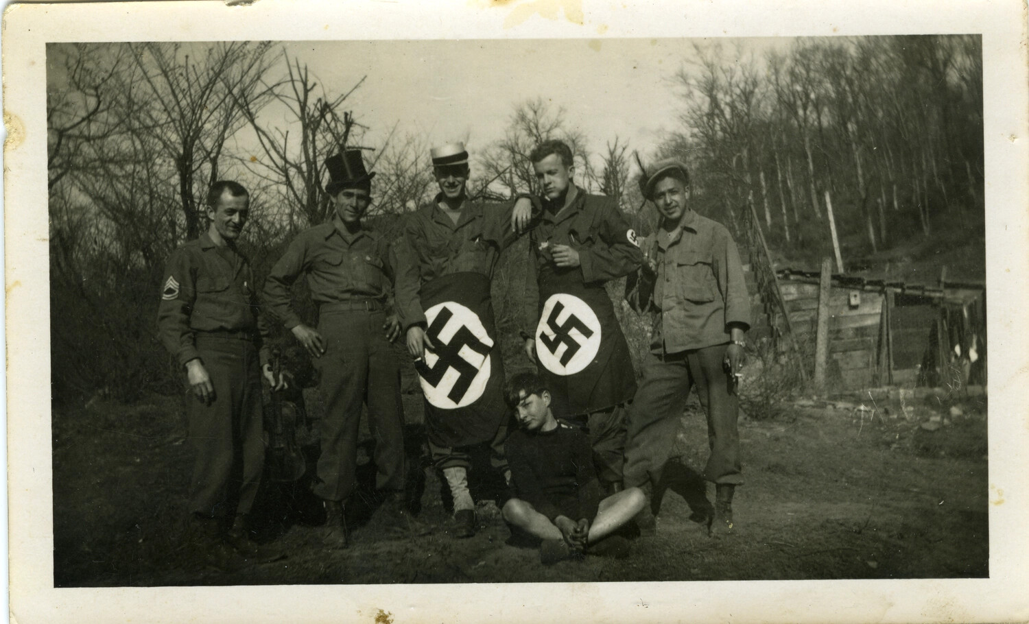American Soldiers with Captured Nazi Banners, Germany, WWII, c. 1945