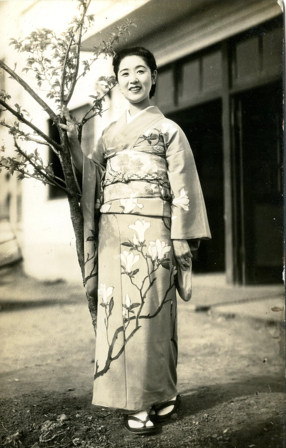 Portrait of a Young Woman in Formal Kimono Beside a Flowering Tree, Japan, WWII/Postwar Era