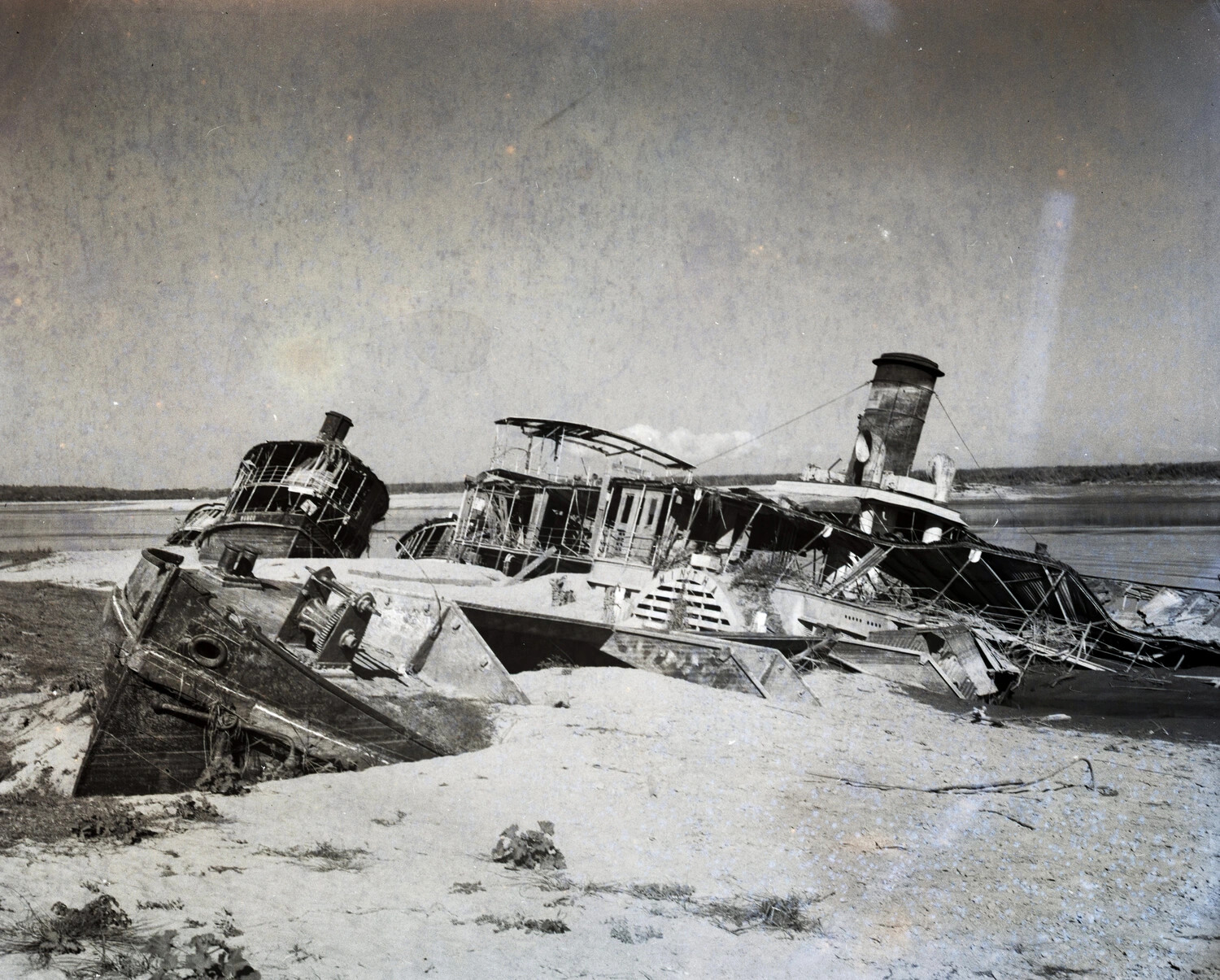 Wrecked River Steamer on Irrawaddy Riverbank, Katha Area, Burma, WWII (CBI Theater)